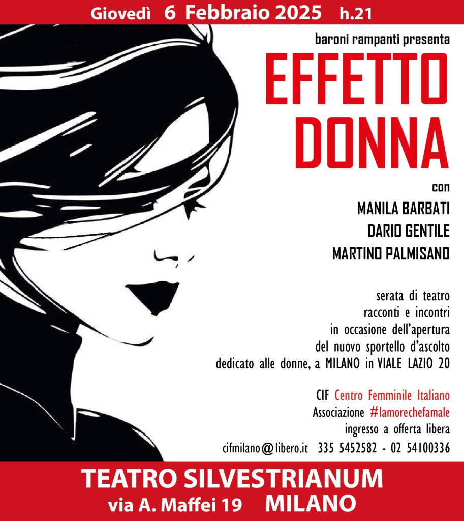 Locandina evento effetto donna Giovedì 6 Febbraio Teatro Silvestrianum Milano